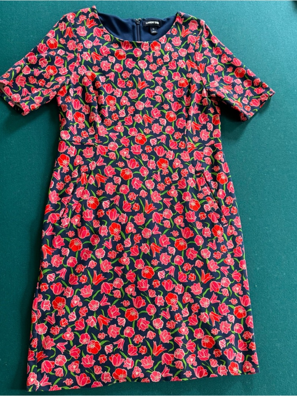 Lands' End Deep Sea Navy Tulips Ponte Knit Sheath Dress Pockets Size 12 Spring